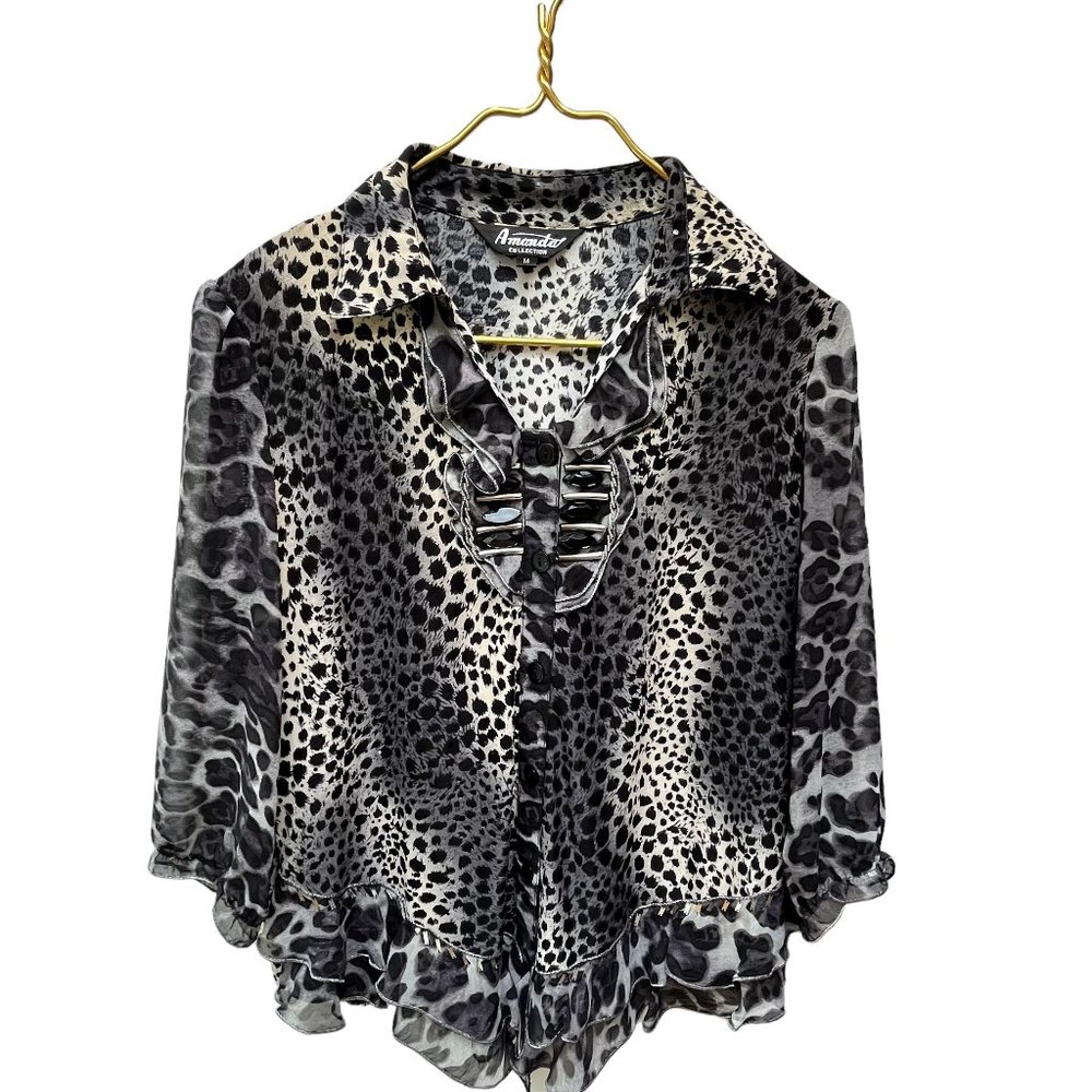 Amanda Collection Black and Cream Leopard Print Blouse Women's Size M